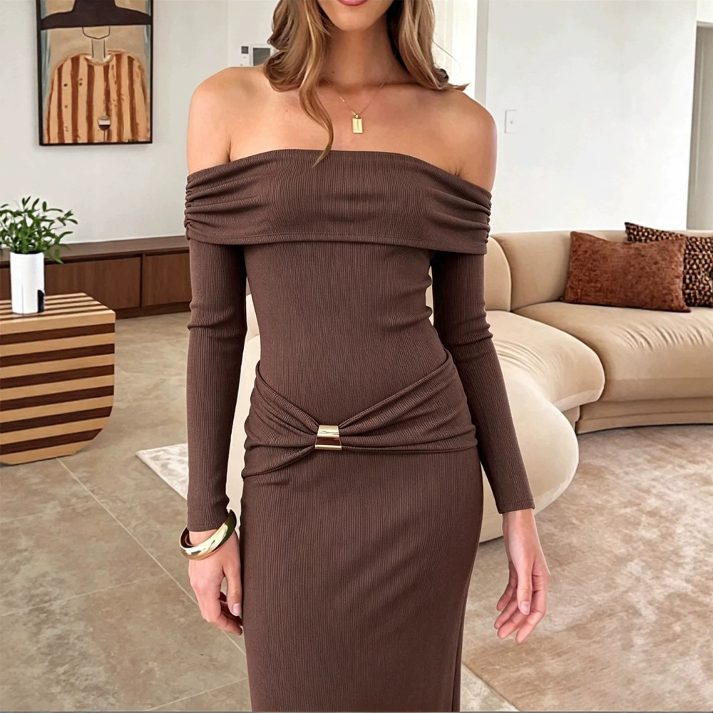 H&M Off Shoulder Long Sleeve Ribbed Knit Midi Dress Metal Buckle Waist Twist